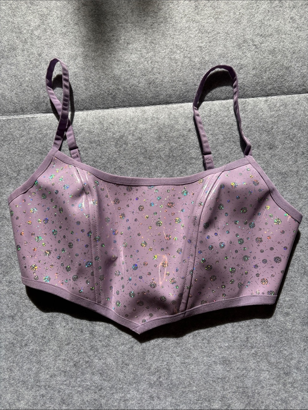 iHeartRaves Purple Holographic Daisy Floral Sparkle Crop Bralette